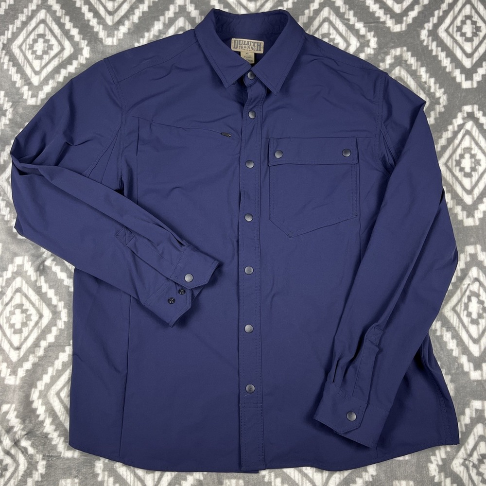 Duluth Trading Shirt Men XL Blue Vented Performance Stretch Heavy Fishing Snapup